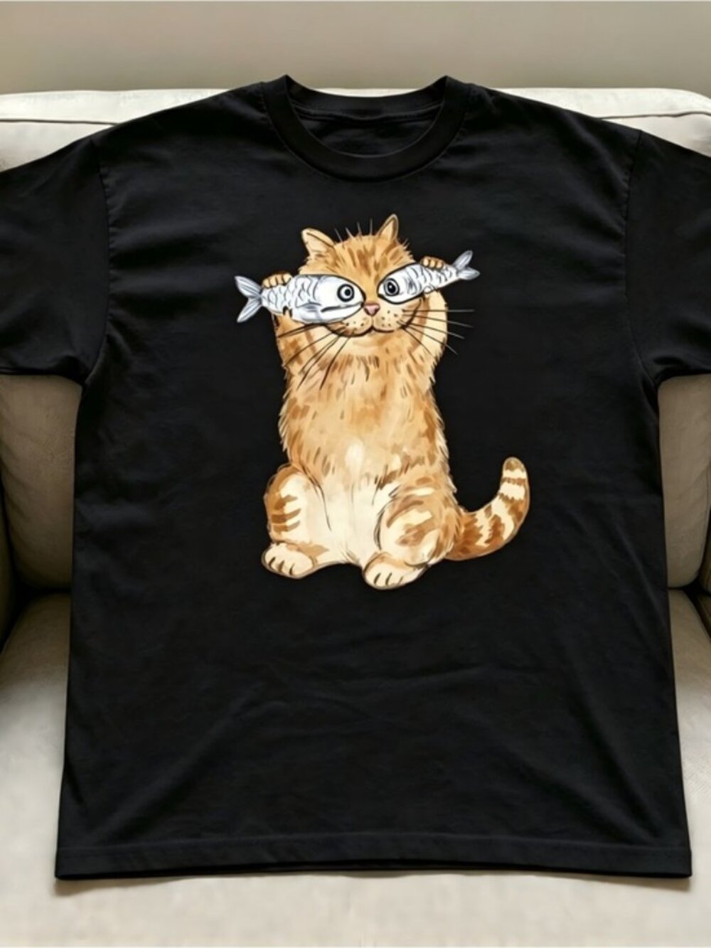 cat with fish black Women Men T-shirt unisex